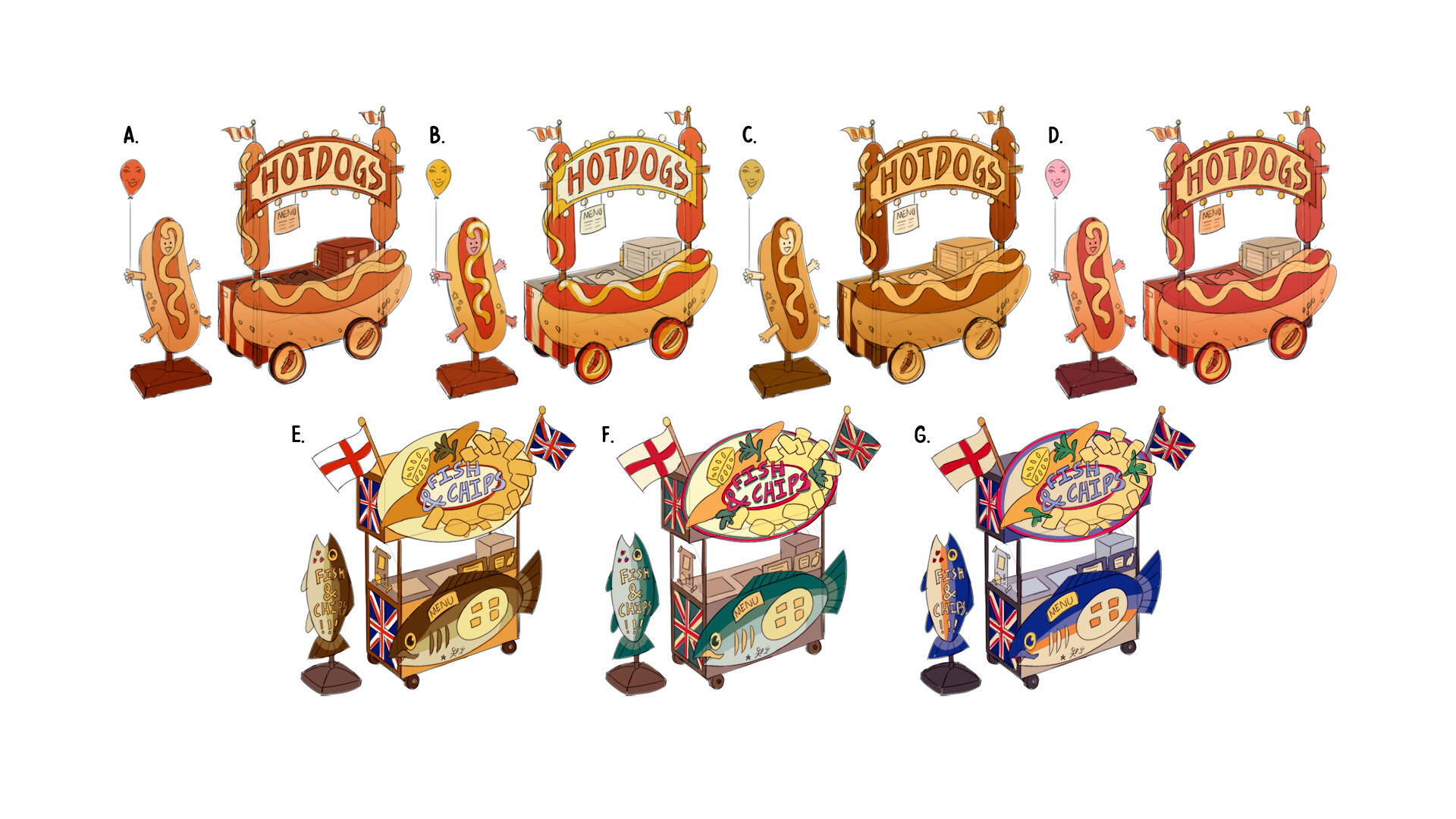 Hotdog stand and FishNChips stand colour iterations