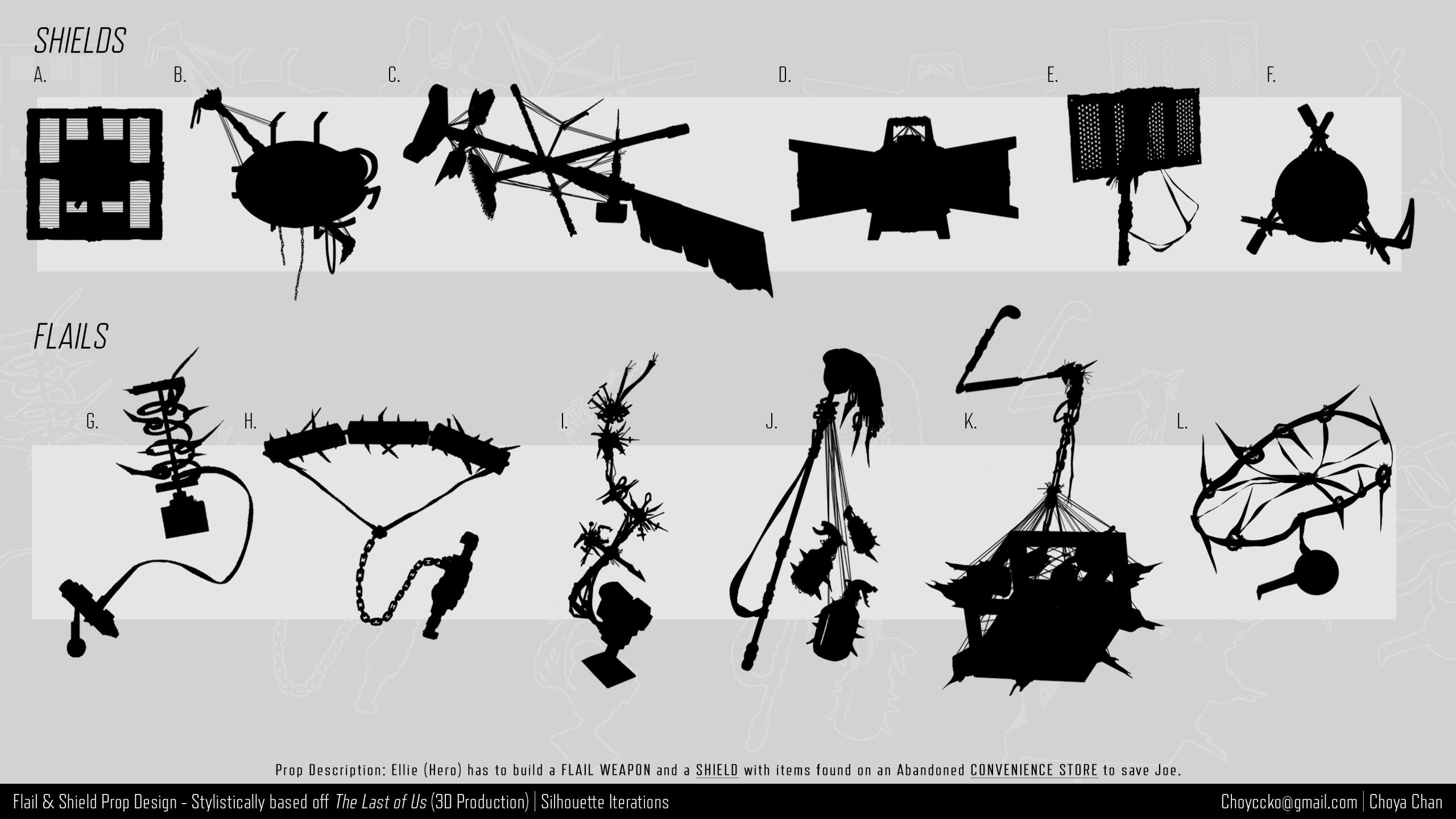 Convenience flail and shield prop silhouette iterations