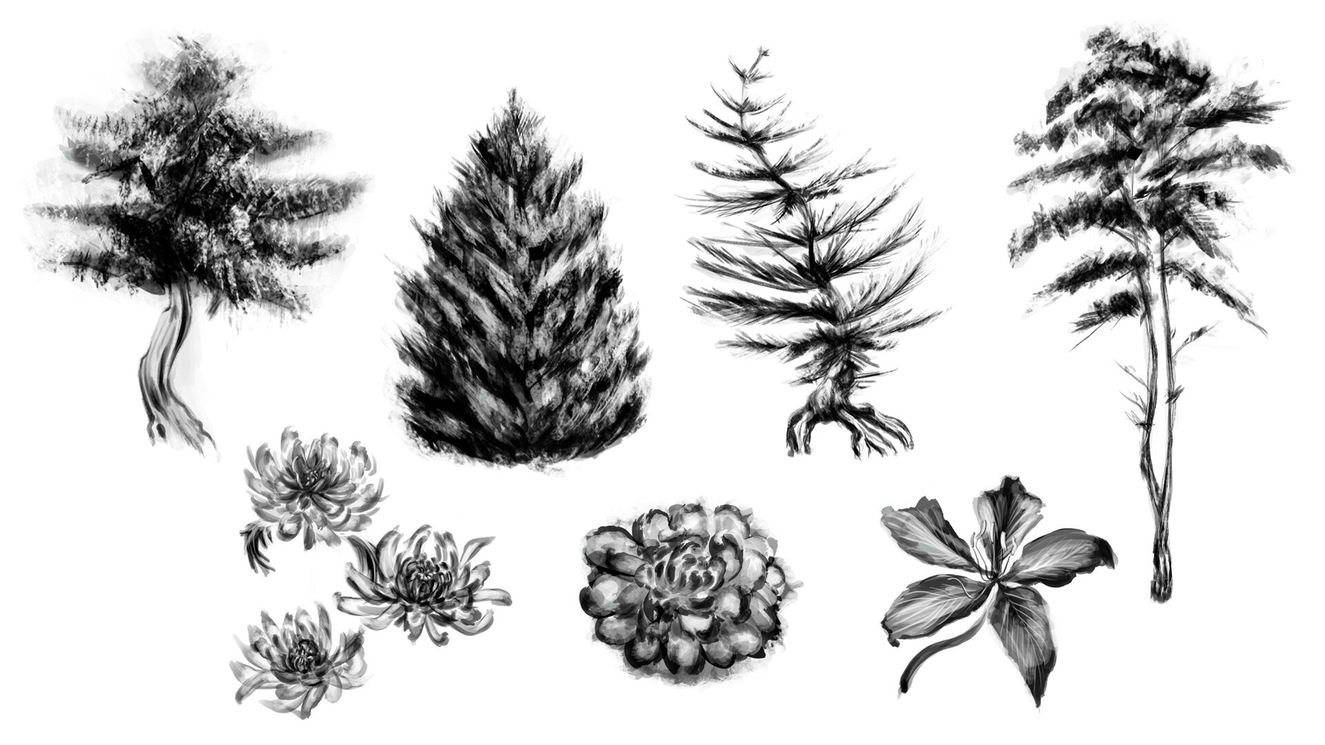 Tree and flower iterations in the style of ancient Chinese Guohua paintings