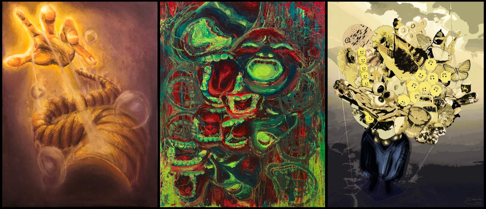 (left) Reaching Out to Nothing (centre) [Rage] (right) Masked in a cube of other people's words